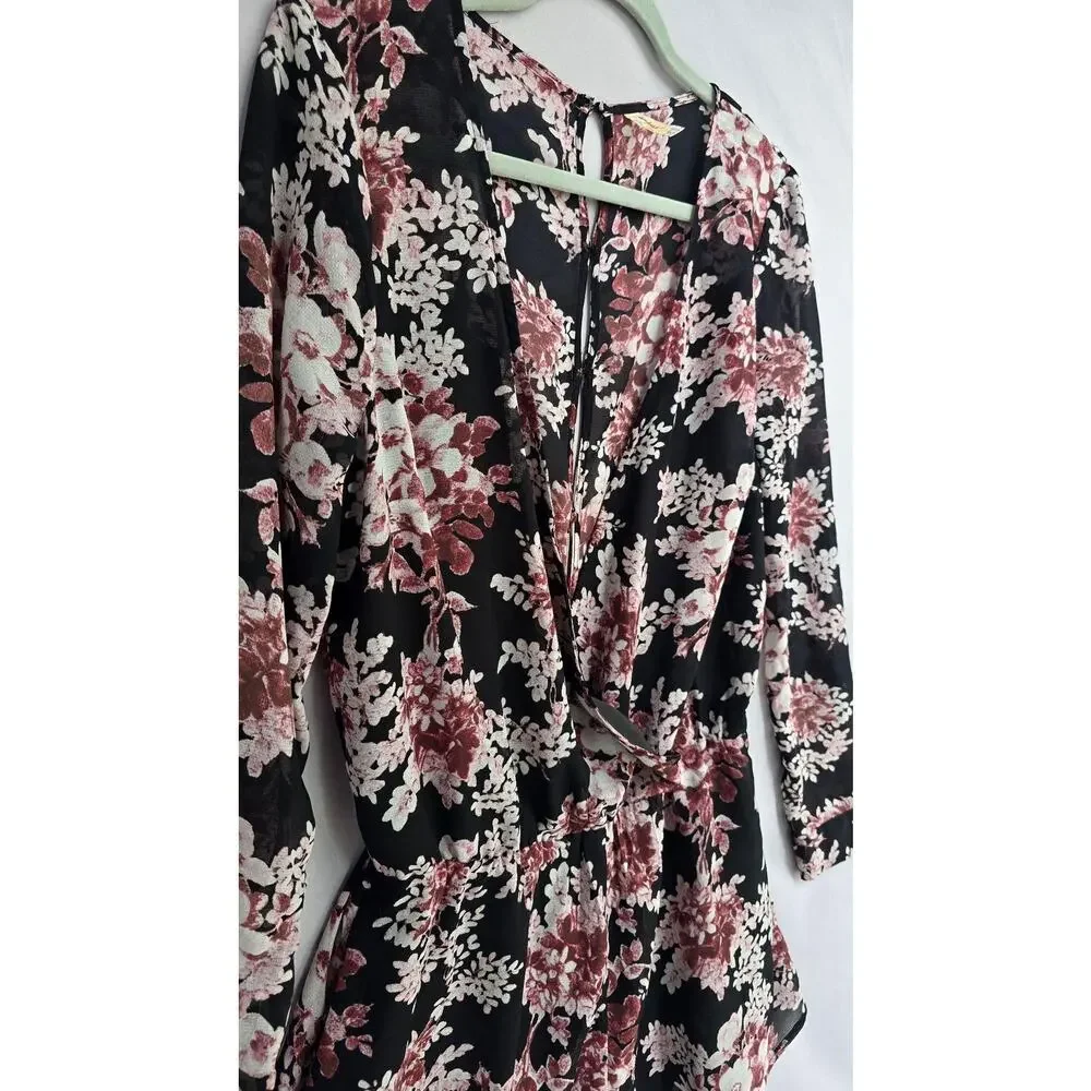 Free People Romper Womens Medium Black Floral Sheer Wrap Long Sleeve Buttons